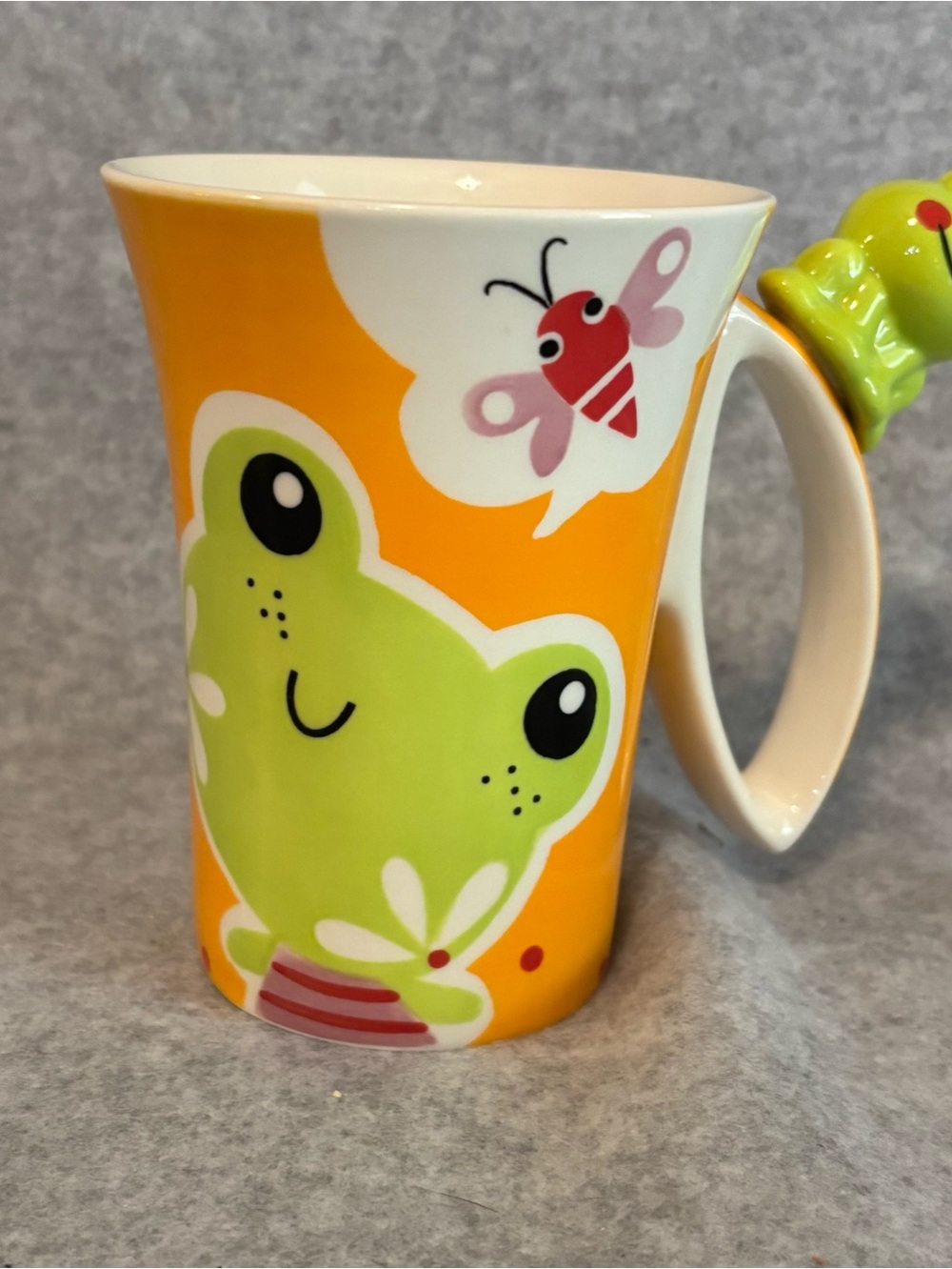 Indra Coffee Tea Cup Mug With Frog & Red Butterfly Orange Trim 12 Oz. Mug